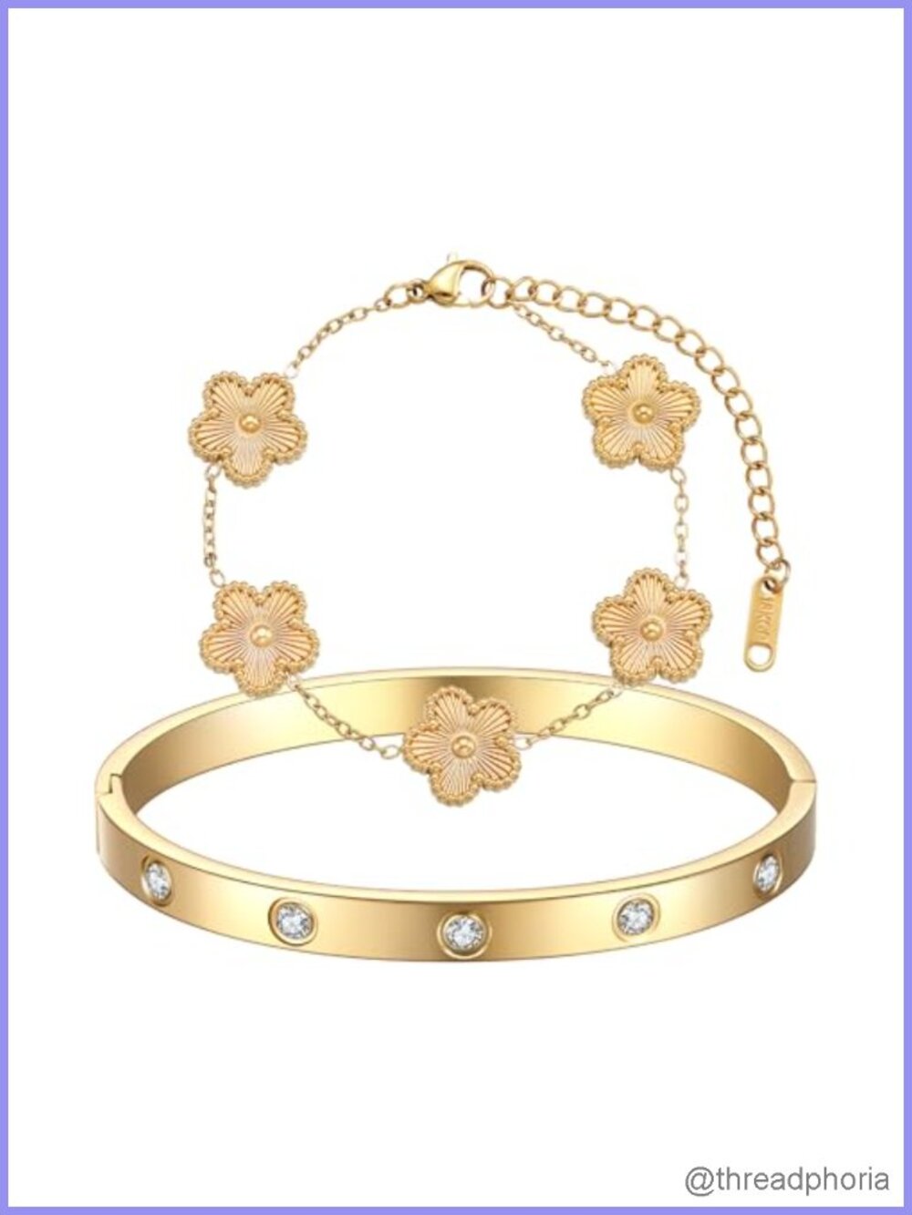 18K Gold Plated Clover Bracelet Love Bangle Set for Women Stainless Steel